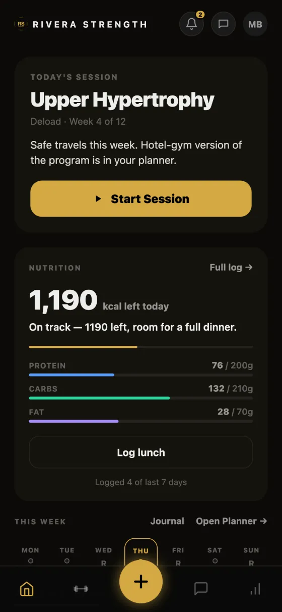 Client app home screen branded Rivera Strength, showing today's session and a nutrition summary