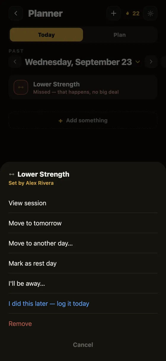 Client app planner showing a missed Lower Strength session with options: move to tomorrow, move to another day, mark as rest day, log it today